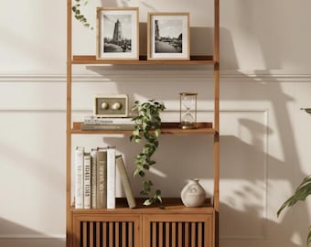 Bamboo Ladder Bookshelf with Drawers, Narrow Storage Organizer, Mid Century Bookcase, 6 Hooks