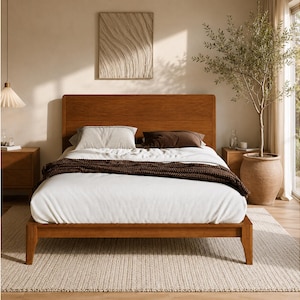 May include: A wooden bed frame with a tall, rectangular headboard and four sturdy legs. The bed is dressed with white bedding, a dark brown throw blanket, and two pillows, one white and one dark brown, creating a neutral color palette.