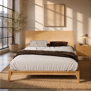 Queen Bed Frame - Mid-Century Modern Bamboo Platform Bed Frame with Tall Headboard, Solid Wood Slat Support, No Box Spring Needed