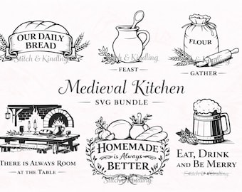 Middeleeuwse cottage keuken SVG-bundel, rustieke taverne muurkunst, brood en feestborden, Cricut en lasergesneden bestanden, 5 ontwerpsets