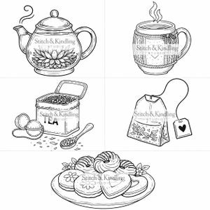 May include: Black and white line art illustration of tea-related items. Includes a teapot, a mug with steam, a tea tin, a tea bag with a heart tag, and a plate of cookies. The text "Stitch & Kindling STUDIO" is present on several items.