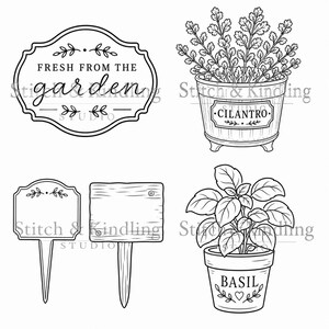 May include: A black and white line art illustration featuring a decorative sign with the text FRESH FROM THE GARDEN, a potted cilantro plant, two blank garden stakes, and a potted basil plant, all overlaid with the watermark Stitch & Kindling.