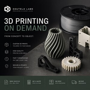 May include: An advertisement for 3D printing services. The image showcases several 3D-printed items in black, white, and grey, such as a vase, cogs, and mechanical components. The text on the image says "3D Printing on Demand" and service information.