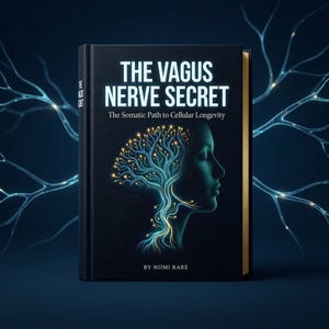 May include: A hardcover book titled "The Vagus Nerve Secret" with the subtitle "The Somatic Path to Cellular Longevity." The cover features a stylized illustration of a human profile and a tree-like design with glowing lines and dots. The book has a dark blue cover with gold-colored edges.