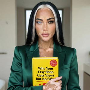 May include: A person wearing a dark green blazer holds a yellow book with the title "Why Your Etsy Shop Gets Views but No Sales." The book has a red "Bestseller" sticker. The person has black hair with a white streak and a blue and brown eye.