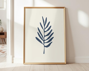 Marineblauwe botanische bladprint | Minimalistische muurkunst | Modern Scandinavisch decor | Blauwe abstracte bladafdruk (digitale download)