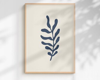 Marineblauwe minimalistische bladkunstdruk | Moderne botanische muurkunst uit het midden van de eeuw (digitale download)