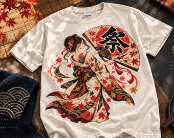 Japanese Matsuri T-Shirt, Kimono Woman Tee, Japanese Festival Fan Shirt, Maple Leaf Art, Vintage Japan Graphic Tee