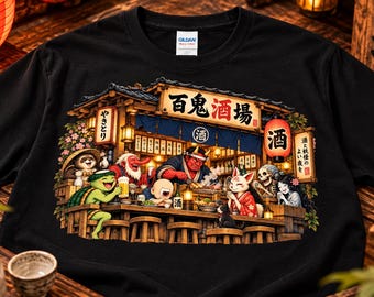 Japanese Yokai Izakaya T-Shirt, Vintage-Inspired Japanese Folklore Graphic Tee, Retro Japan Pub Art Shirt