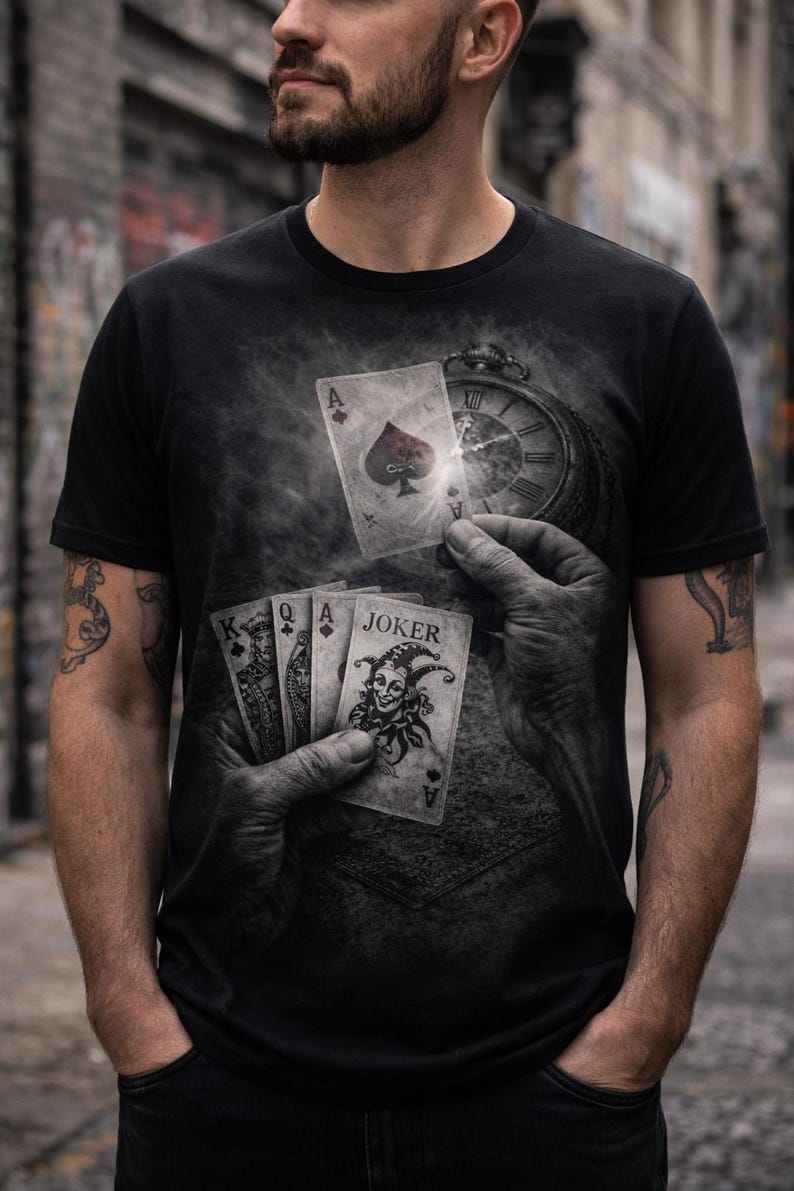 May include: Black t-shirt featuring a playing card design. The design includes an Ace of Spades, a pocket watch, and a hand holding playing cards, including a Joker card. The shirt has a crew neck and short sleeves.