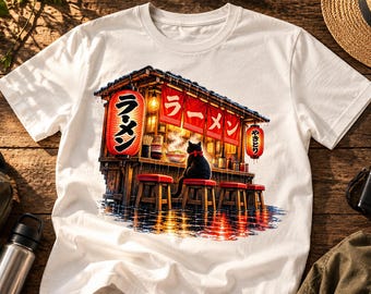 Japanese Ramen T-Shirt, Black Cat Shirt, Ramen Yatai Tee, Japanese Street Food Shirt, Vintage Japan Graphic Tee