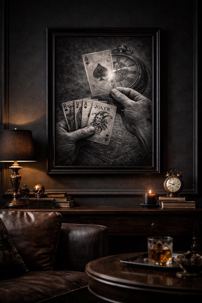 May include: Black and white framed artwork featuring playing cards, a pocket watch, and hands holding cards. The Ace of Spades is prominent. A Joker card is visible. The scene includes a lamp, books, a skull, and a small clock.