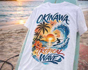 Okinawa Tropical Wave Surf T-Shirt | Vintage Japan Beach Graphic Tee | Hawaiian Style Surf Shirt | Summer Vacation Unisex T-Shirt