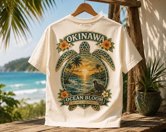 Okinawa Ocean Bloom T-Shirt | Vintage Ryukyu Islands Sea Turtle Tee | Japan Travel Souvenir Shirt | Tropical Beach Sunset Graphic Tee