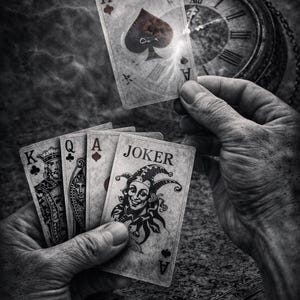 May include: Monochrome image of playing cards, including an Ace of Spades and a Joker card. A pocket watch is in the background. The cards are held in a person's hands, creating a dramatic, vintage aesthetic.