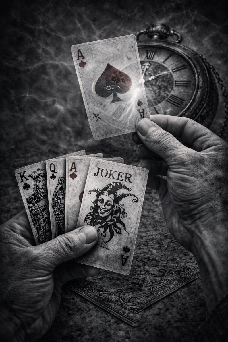 May include: Monochrome image of playing cards, including an Ace of Spades and a Joker card. A pocket watch is in the background. The cards are held in a person's hands, creating a dramatic, vintage aesthetic.