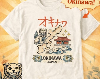 Vintage Okinawa Japan T-Shirt – Shisa Lion Map Graphic Tee, Retro Japanese Travel Shirt, Okinawa Island Souvenir, Hibiscus Wave Design