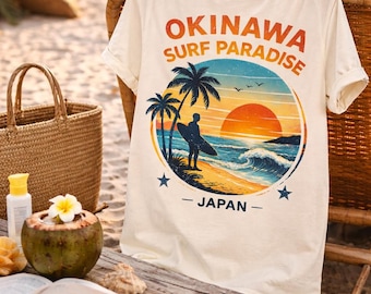 Okinawa Surf Paradise T-Shirt, Vintage Japan Surf Shirt, Retro Beach Sunset Tee, Okinawa Japan Travel Shirt, Tropical Surf Graphic