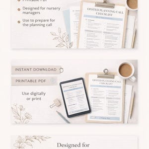 May include: A printable PDF checklist for early years managers and childminders. The image features a clipboard with the text "OFSTED PLANNING CALL CHECKLIST", a tablet, a coffee cup, and a pen. The text "WHAT'S INSIDE" and "INSTANT DOWNLOAD" are also visible.