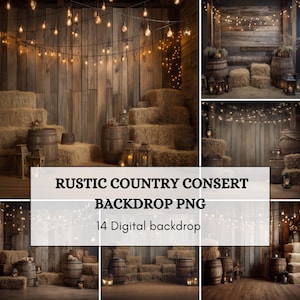 May include: A rustic country-themed digital backdrop featuring hay bales, wooden barrels, and string lights. The backdrop has a wooden wall background. Text on the image reads "RUSTIC COUNTRY CONSERT BACKDROP PNG 14 Digital backdrop."