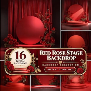 Red Rose Stage Backdrop, Luxury Curtain Podium, Romantic Floral Event (Digital Download)
