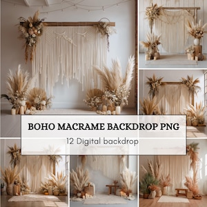 May include: A collection of twelve digital backdrops featuring cream-colored macrame wall hangings, wooden frames, and arrangements of dried pampas grass, palm leaves, and assorted flowers. The text BOHO MACRAME BACKDROP PNG 12 Digital backdrop is visible.