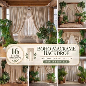 Boho-Makramee-Hintergrund (PNG), neutraler Hochzeitsbogen, tropisches Grün (Digitaler Download)