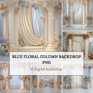 Könnte beinhalten: Eine digitale Hintergrundkollektion mit klassischen Säulen, drapierten Stoffvorhängen in Weiß- und Blautönen sowie Arrangements aus blauen und pfirsichfarbenen Blumen. Der Text BLUE FLORAL COLUMN BACKDROP PNG 16 Digital backdrop ist zentriert.