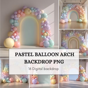 May include: A collection of digital backdrops featuring pastel balloon arches. The arches are adorned with balloons in soft colors like pink, yellow, and blue. The text "PASTEL BALLOON ARCH BACKDROP PNG" is displayed.