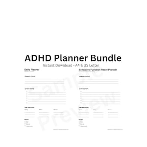 ADHD Daily Planner Bundle | Executive Function Reset Planner | Low Pressure Focus Sheets Printable PDF | A4 & US Letter