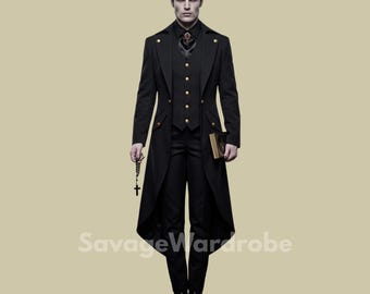 Men’s Gothic Victorian 3 Piece Tailcoat Suit – Vampire Priest Costume, Dracula Style Formal Outfit, Steampunk Gothic Wedding Suit