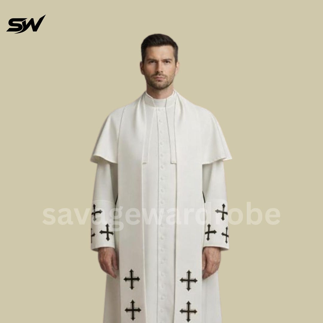 White Clergy Cassock Robe for Priest – Liturgical Vestment With Cross ...