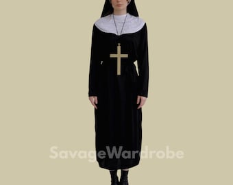 Women’s Nun Costume Dress – Black White Religious Outfit, Church Cosplay Costume, Halloween Nun Dress, Gothic Christian Costume.