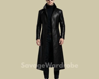 Men’s Black Leather Trench Coat, Long Gothic Leather Coat, Matrix Style Long Coat, Men’s Leather Overcoat, Dark Fashion Statement Coat