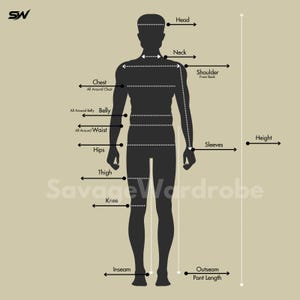 May include: A silhouette of a person with measurement labels for clothing. Labels include head, neck, chest, waist, hips, thigh, inseam, and sleeve length. The Savage Wardrobe logo is at the bottom.