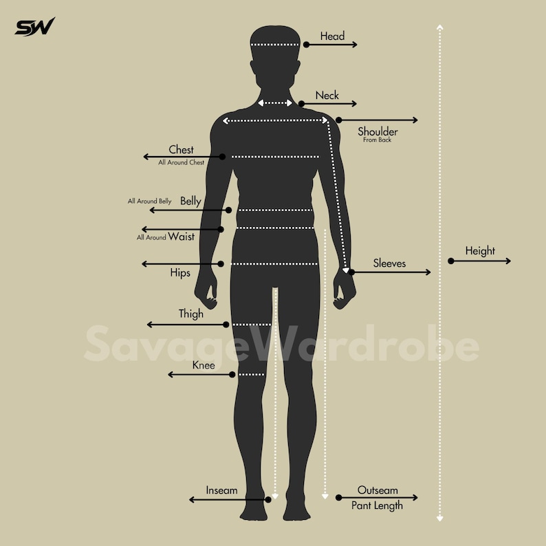 May include: A silhouette of a person with measurement labels for clothing. Labels include head, neck, chest, waist, hips, thigh, inseam, and sleeve length. The Savage Wardrobe logo is at the bottom.