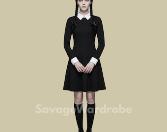 Goth Girl Black Long Sleeve Peter Pan Collar Dress - Wednesday Addams Inspired Cosplay Costume.