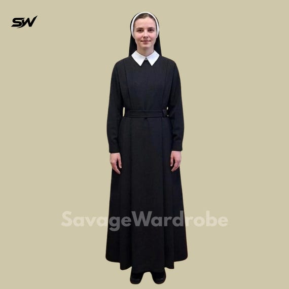 Elegant Black Nun Dress for Women – Modest Religious Habit Gown, Long Sleeve Clergy Dress, Minimalist Vintage Style, Church Wear Outfit.