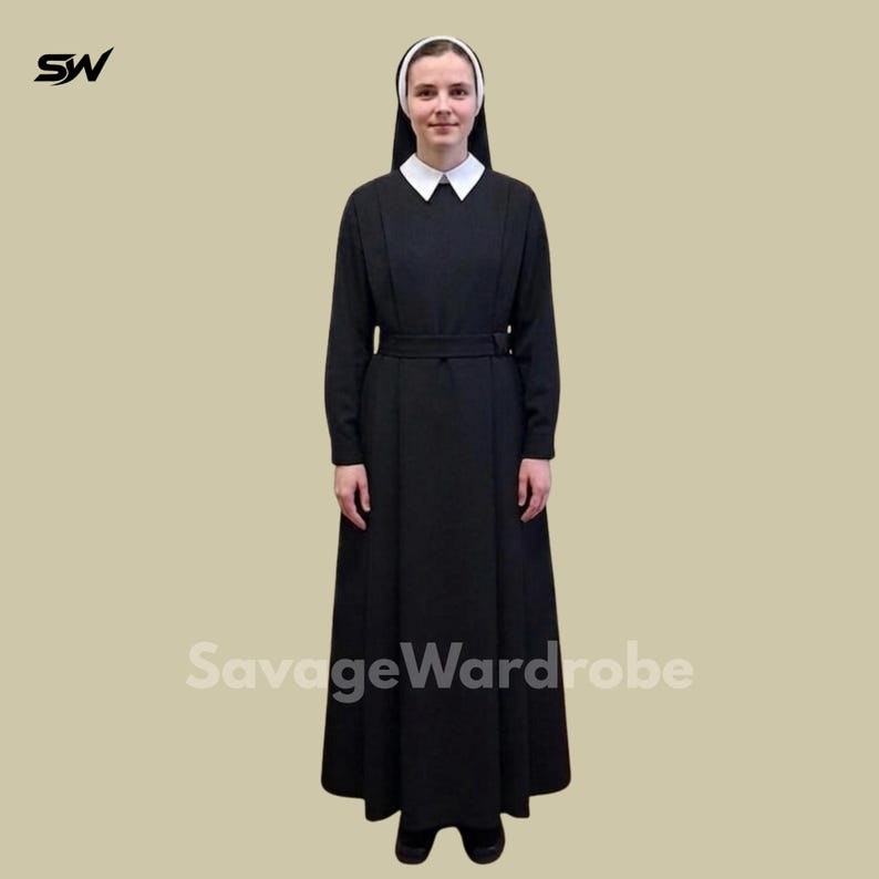 May include: A black habit with a white collar and head covering. The long-sleeved dress has a matching belt. The text "SavageWardrobe" is printed on the bottom of the image. The nun's habit is a traditional religious garment.