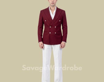 Men’s Burgundy Double Breasted Suit Jacket – Luxury Maroon Blazer with White Pants, Groom Wedding Suit, Formal Reception Outfit.