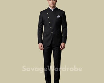 Men’s Black Bandhgala Suit – Modern Nehru Jacket Suit for Groom, Luxury Indian Wedding Suit, Slim Fit Reception Outfit.