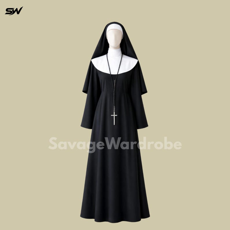 May include: A black nun habit with a white collar and head covering. A long black rosary with a silver cross hangs from the neck. The outfit is displayed on a mannequin. The text "SavageWardrobe" is at the bottom.