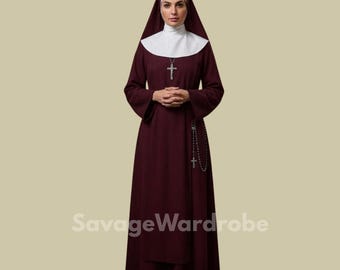 Burgundy Nun Dress for Women – Modest Religious Habit Gown, Long Sleeve Church Dress, Vintage Clergy Outfit, Christian Costume.