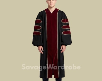 Doctoral Graduation Gown, PhD Academic Regalia, Black Red Doctoral Robe, University Graduation Gown, Doctorate Graduation Outfit.