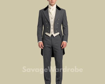 Victorian 3 Piece Tailcoat Suit for Men – Grey Vintage Set, Groom Wedding Suit, Regency Outfit, Steampunk Costume, Formal Gentleman Suit