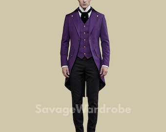Men’s Purple 3 Piece Tailcoat Suit – Victorian Style Groom Suit, Gothic Wedding Tuxedo, Steampunk Formal Suit, Vintage Tailcoat Jacket.