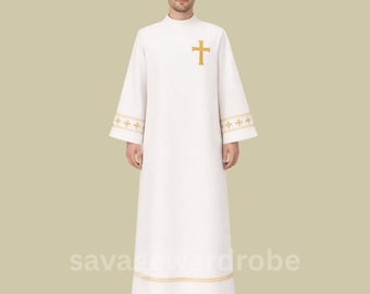White Catholic Cassock with Gold Cross Embroidery – Priest Clergy Robe for Church, Mass & Liturgical Wear