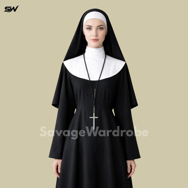 May include: A black and white nun costume with a long black dress, white collar, and a black veil. A white head covering and a cross pendant necklace complete the outfit. The text "SavageWardrobe" is visible on the garment.