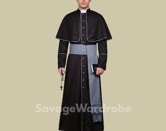 Catholic Priest Cassock Robe Set – Traditional Clergy Vestment with Shoulder Cape & Sash – Roman Catholic Priest Outfit.