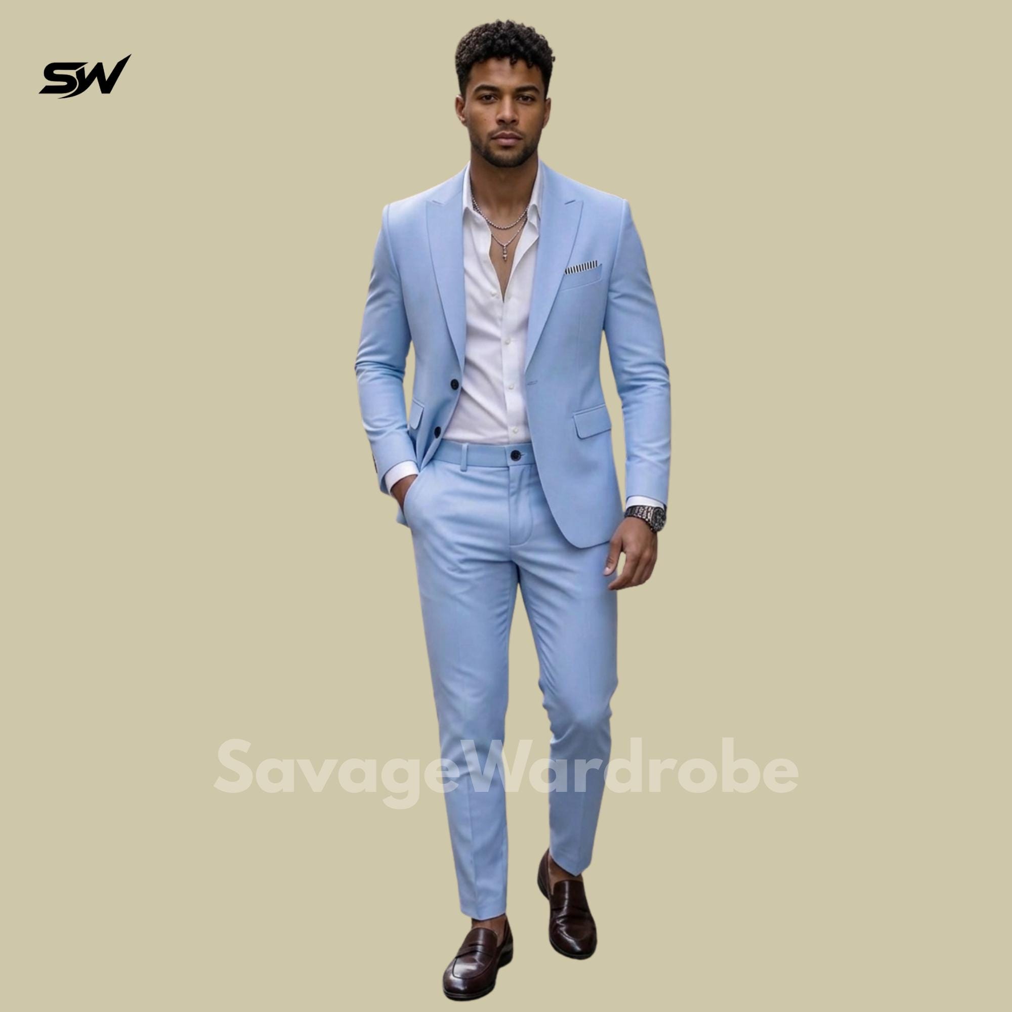 Mens Light Blue Suit Slim Fit | Baby Blue Wedding Suit for Groom